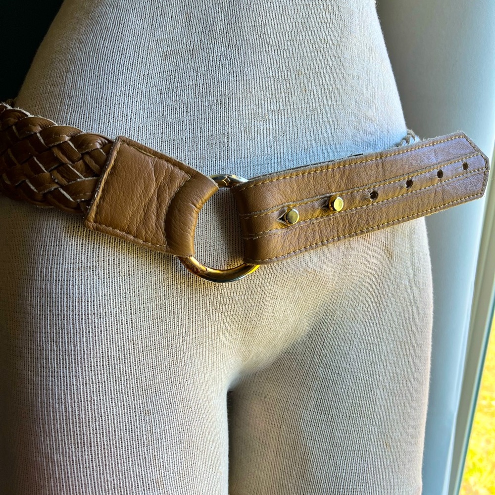 GoldenBleu Braided Tan Grain Leather Gold Ring Buckle Very Soft Leather